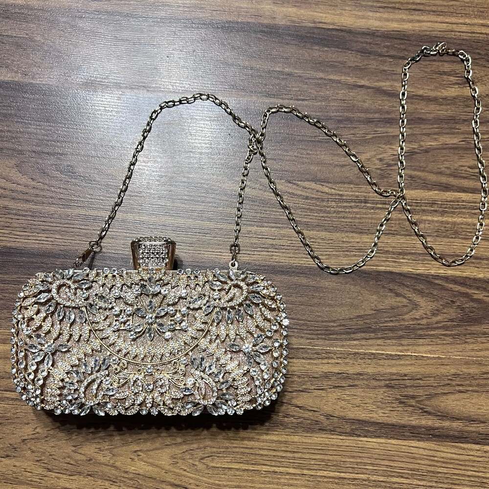 Gold Rhinestone Floral Embellished Hard-Shell Evening Clutch Bag with Chain Stra - Picture 4 of 6